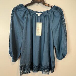 Lifestyle Peasant Blouse Size 1X Majolica Blue Off Shoulder Crochet Detail NWT